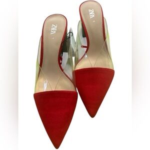 Zara Red and Clear Pointed Toe Mules